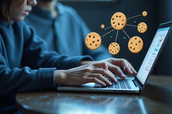 Person using a laptop with cookie icons floating around