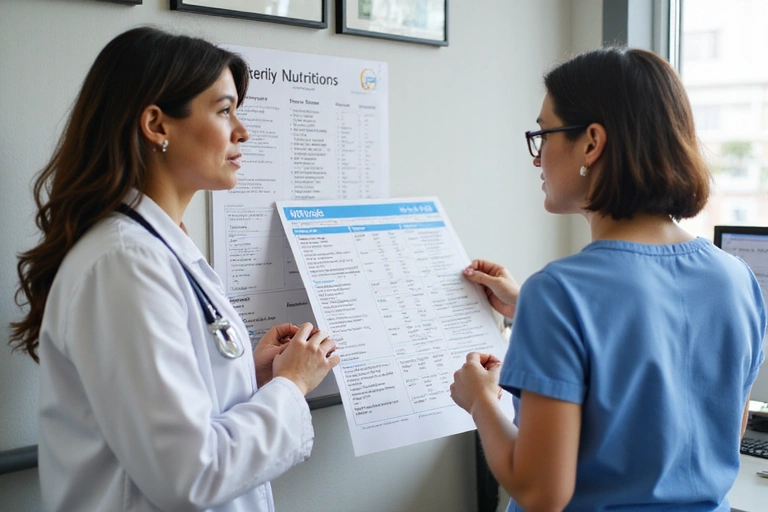 Ein Mediziner und ein Ernährungsberater besprechen eine Patientenakte mit Fokus auf Ernährung und Gesundheitsthemen.