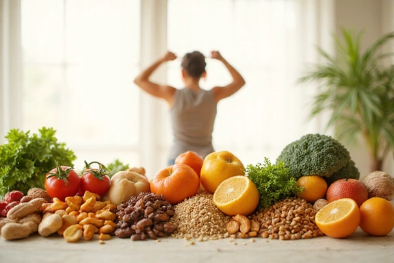 Modernes, sauberes Bild von gesunden Lebensmitteln und einer Person, die voller Energie aussieht